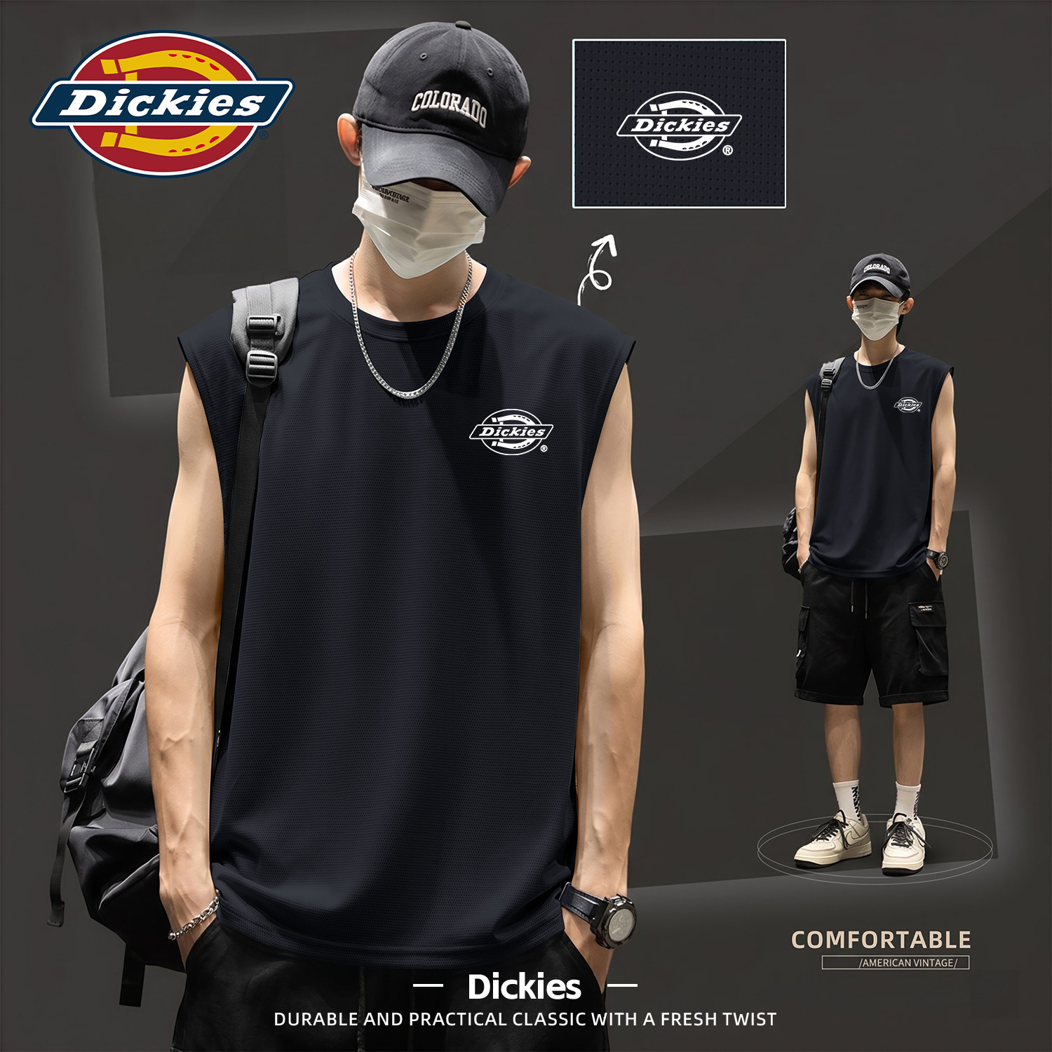 Dickies网眼T恤男款夏薄款冰丝透气运动背心坎肩宽松印花打底上衣