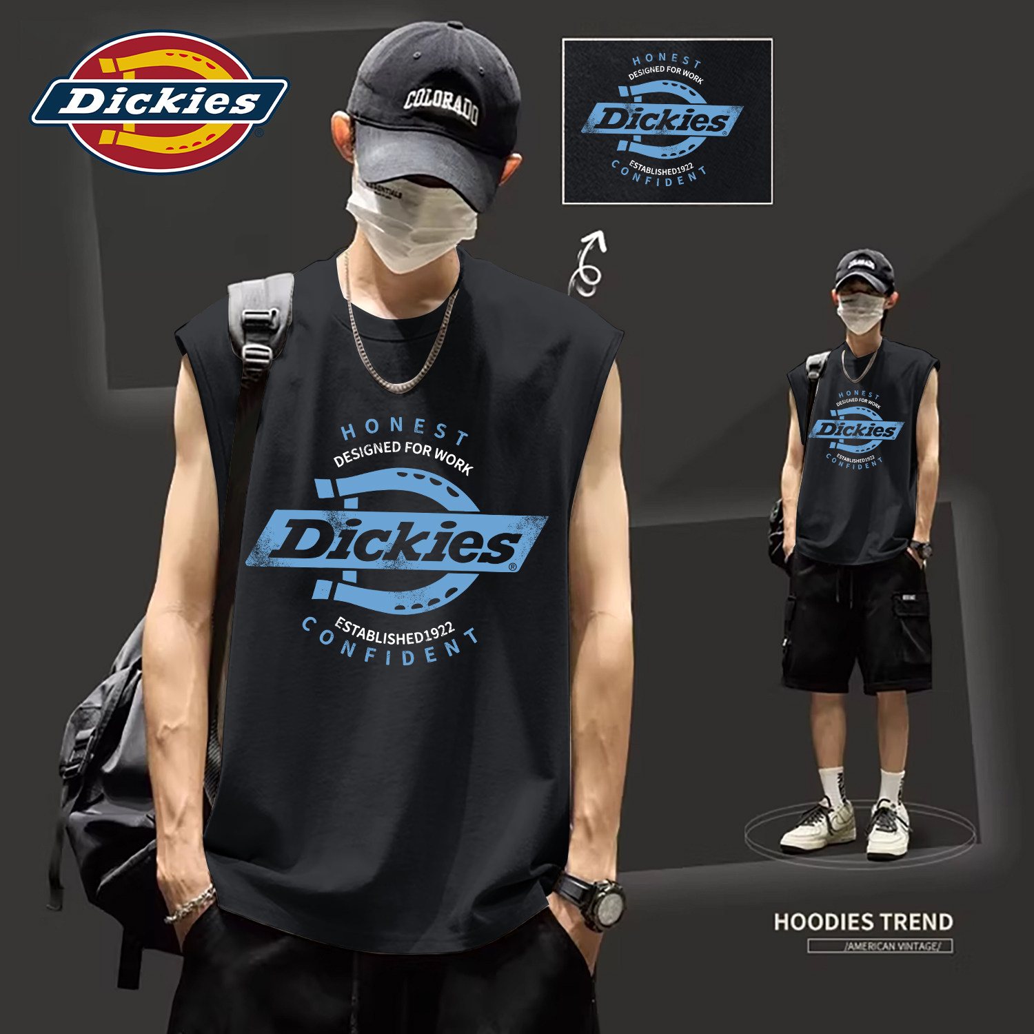 Dickies纯棉背心男夏季宽松圆领印花运动衫黑色潮牌汗衫无袖t恤男