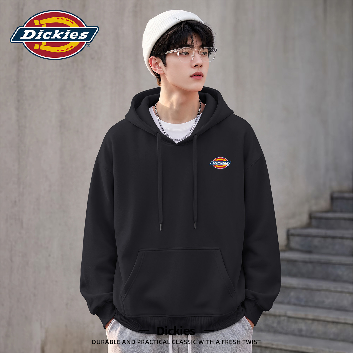Dickies黑色连帽卫衣男款百搭宽松春秋款长袖外套休闲运动外套男
