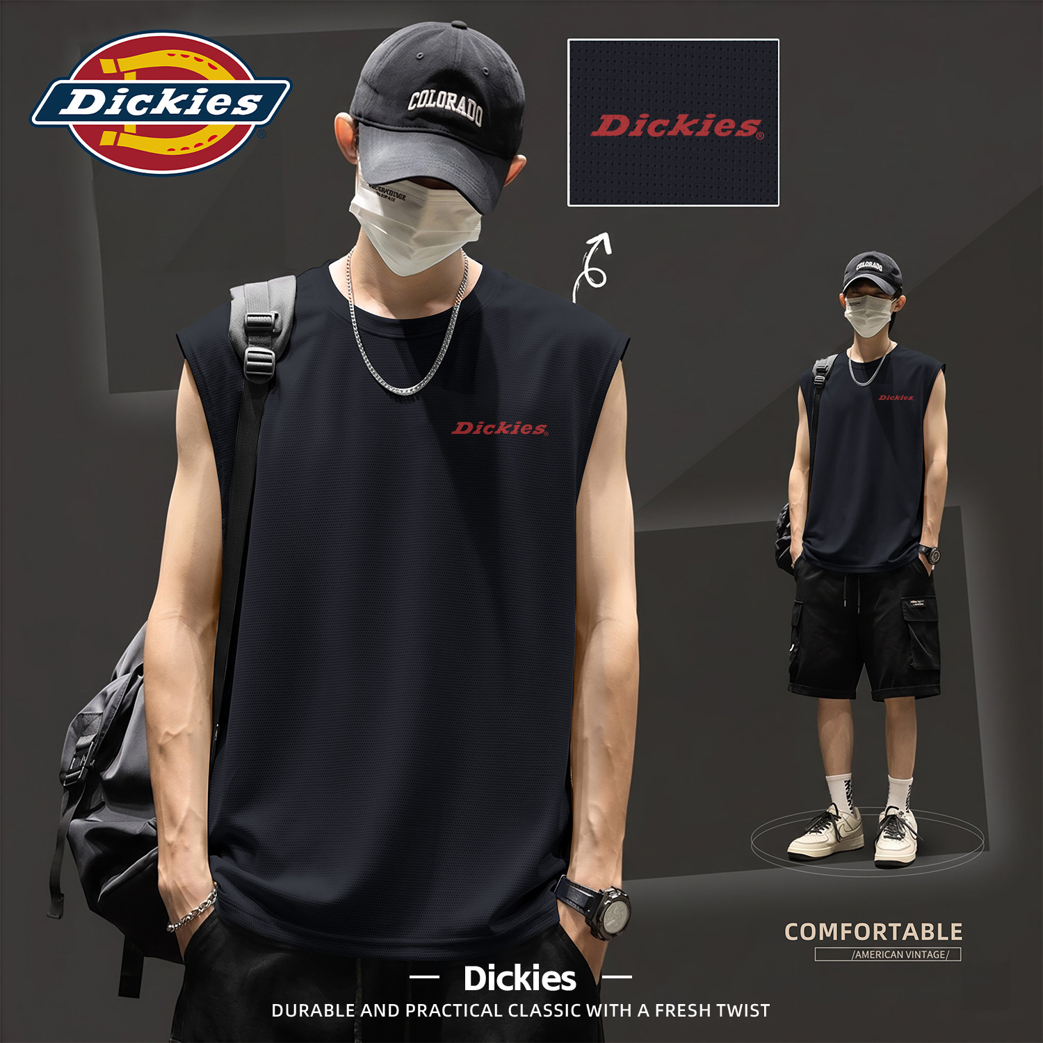 Dickies男士无袖背心夏薄款透气速干宽松印花潮牌T恤冰丝网眼上衣