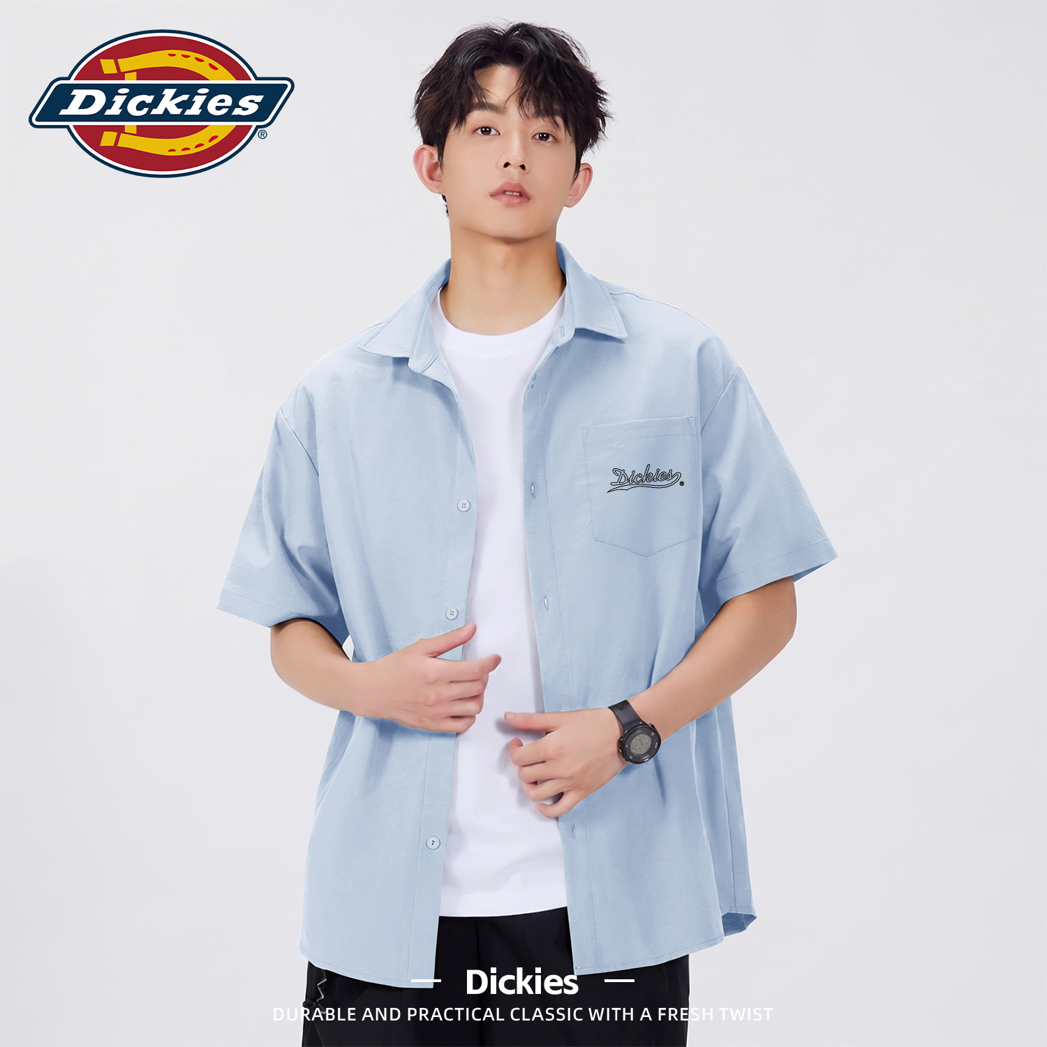 Dickies短袖衬衫男款2026夏季新款凉感宽松学生外套男翻领衬衣男