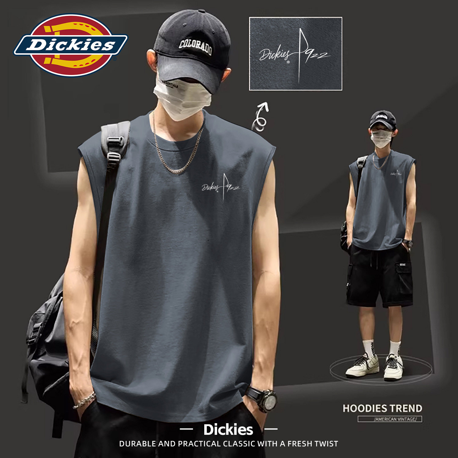 Dickies背心男夏季宽松纯棉无袖t恤运动健身透气坎肩青少年男打底