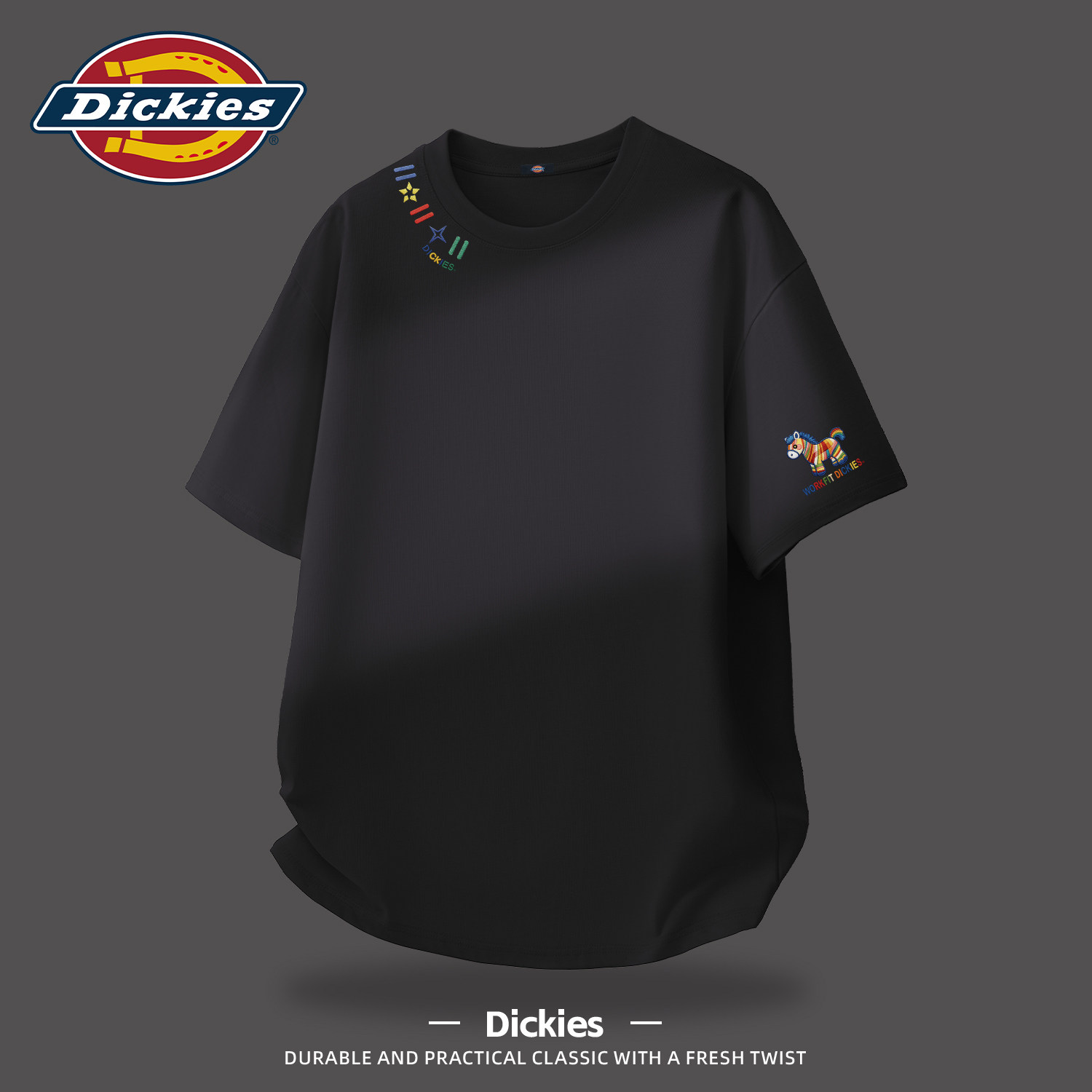 Dickies黑色短袖T恤男士百搭酷帅青少年潮流印花半袖学生上衣服男