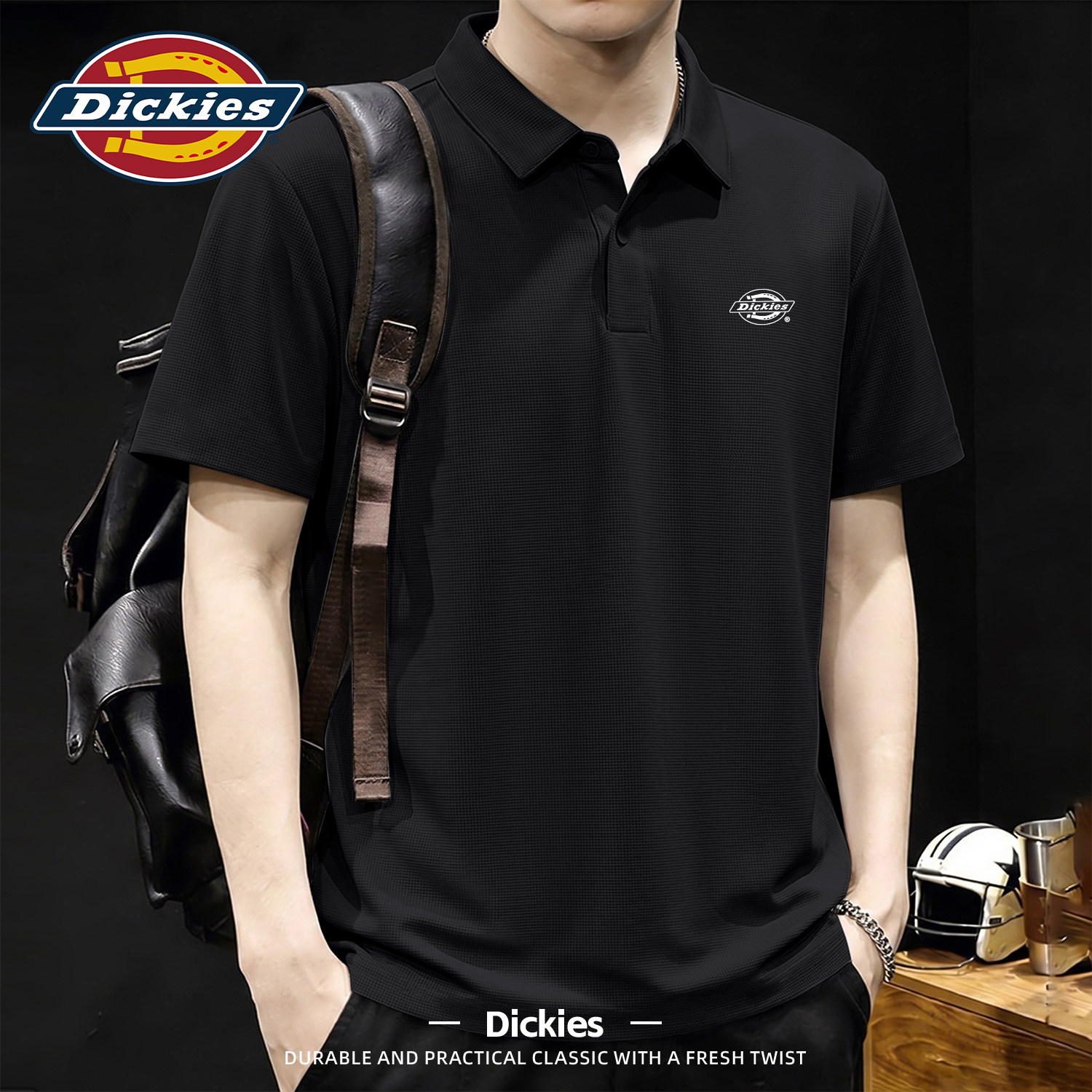 Dickies黑色短袖POLO衫男夏季翻领商务休闲凉感上衣冰丝无痕t恤男