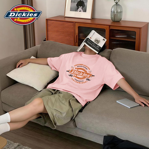 Dickies粉色短袖T恤男青少年2026夏季新款纯棉重磅衣服男生五分袖
