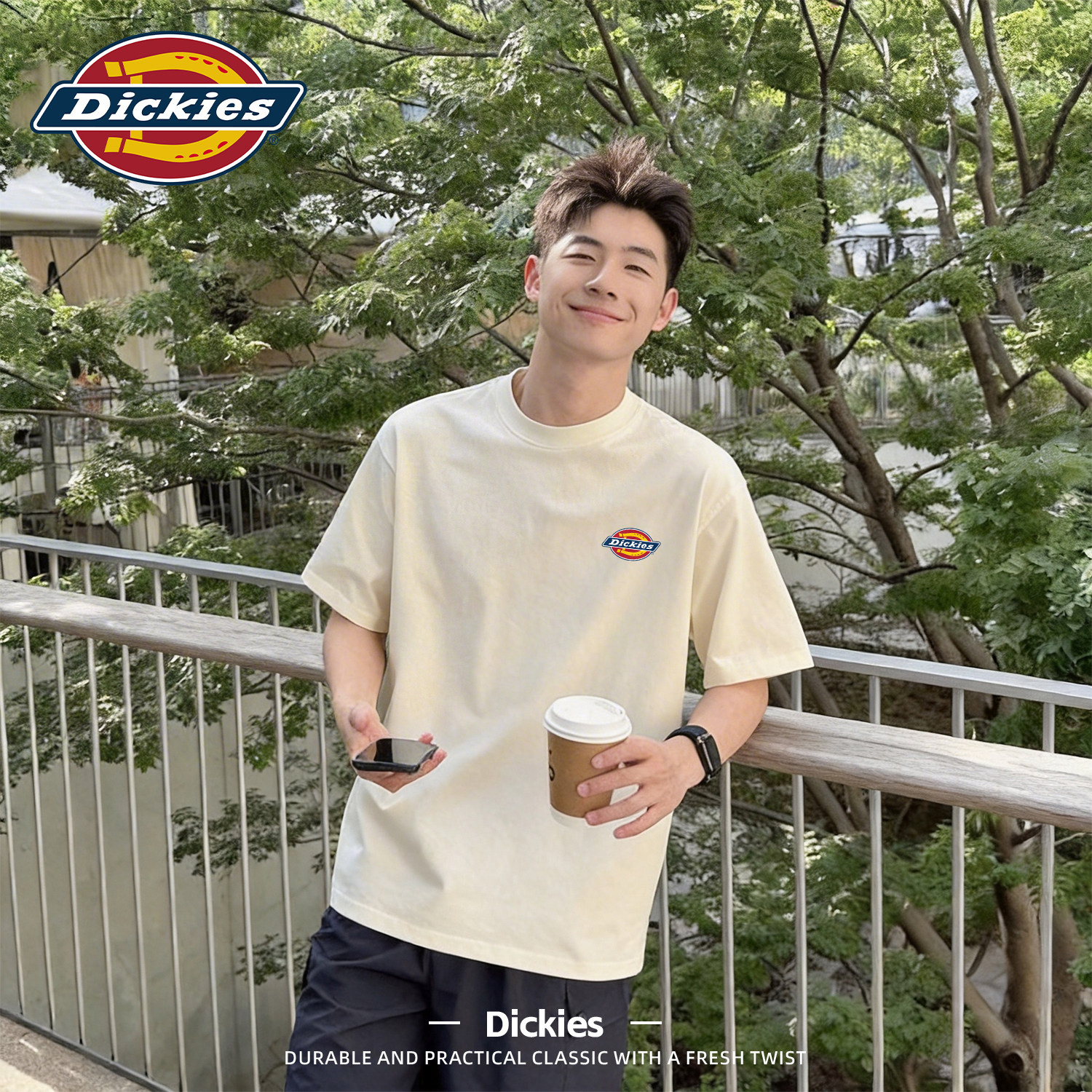 Dickies纯棉短袖T恤男米白色简约夏装衣服男士宽松圆领美式上衣男