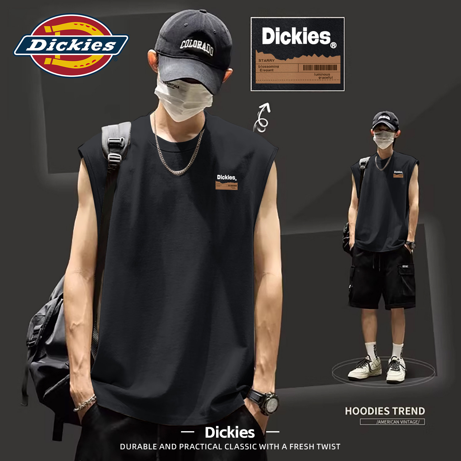 Dickies纯棉背心男夏季宽松黑色男士运动健身套头衫上衣无袖坎肩T