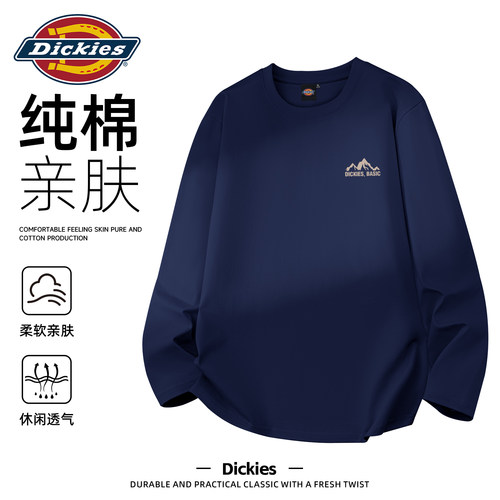 Dickies男士长袖T恤藏青色纯棉山脉印花上衣学生宽松休闲秋季衣服