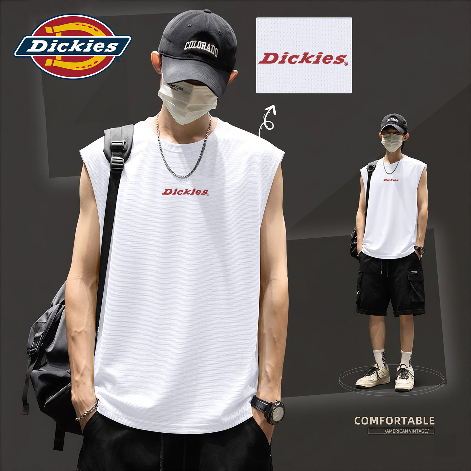 Dickies男士冰丝薄款无袖背心夏季运动健身透气坎肩潮流印花上衣