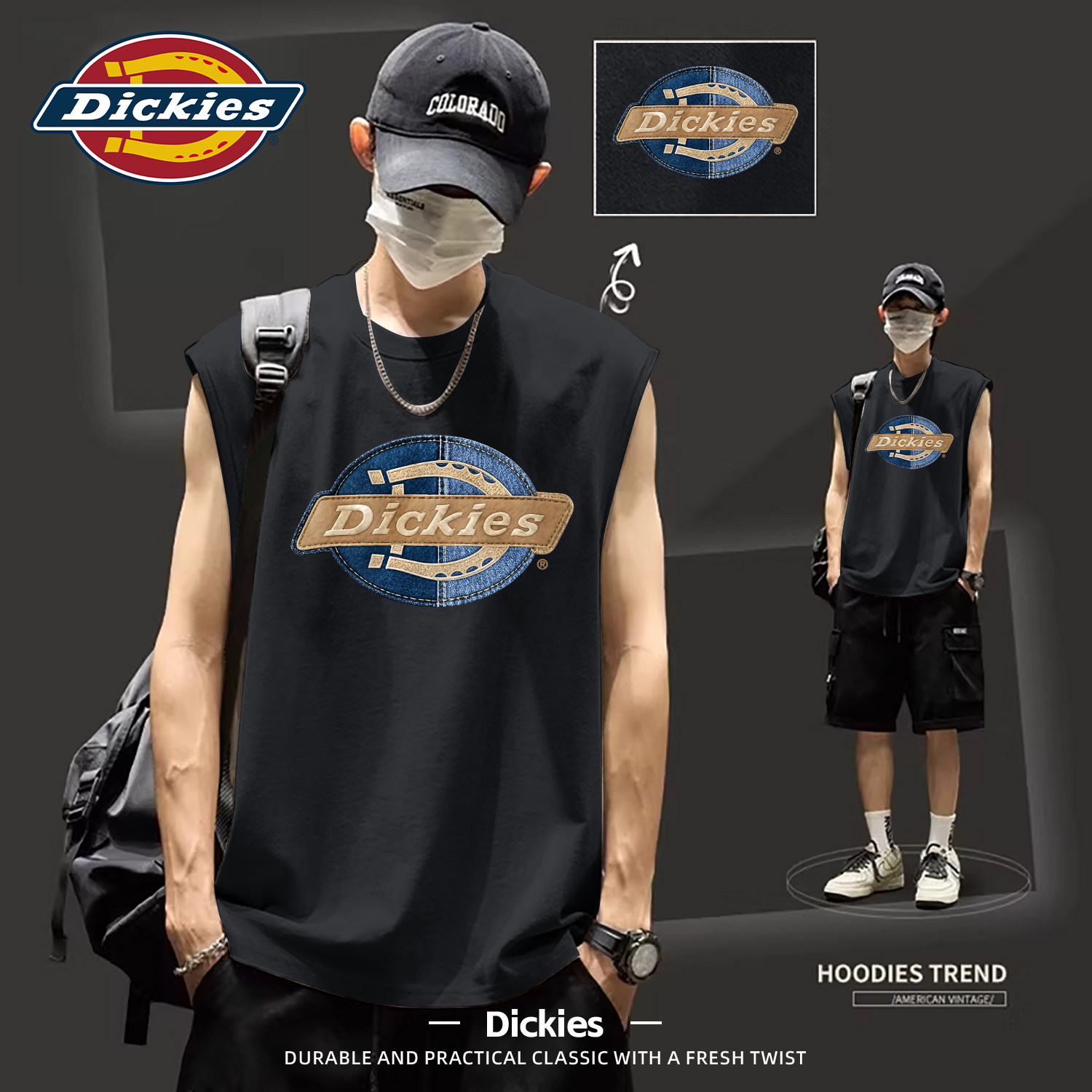 Dickies纯棉背心男黑色夏季美式印花上衣大码宽松无袖T恤潮牌坎肩