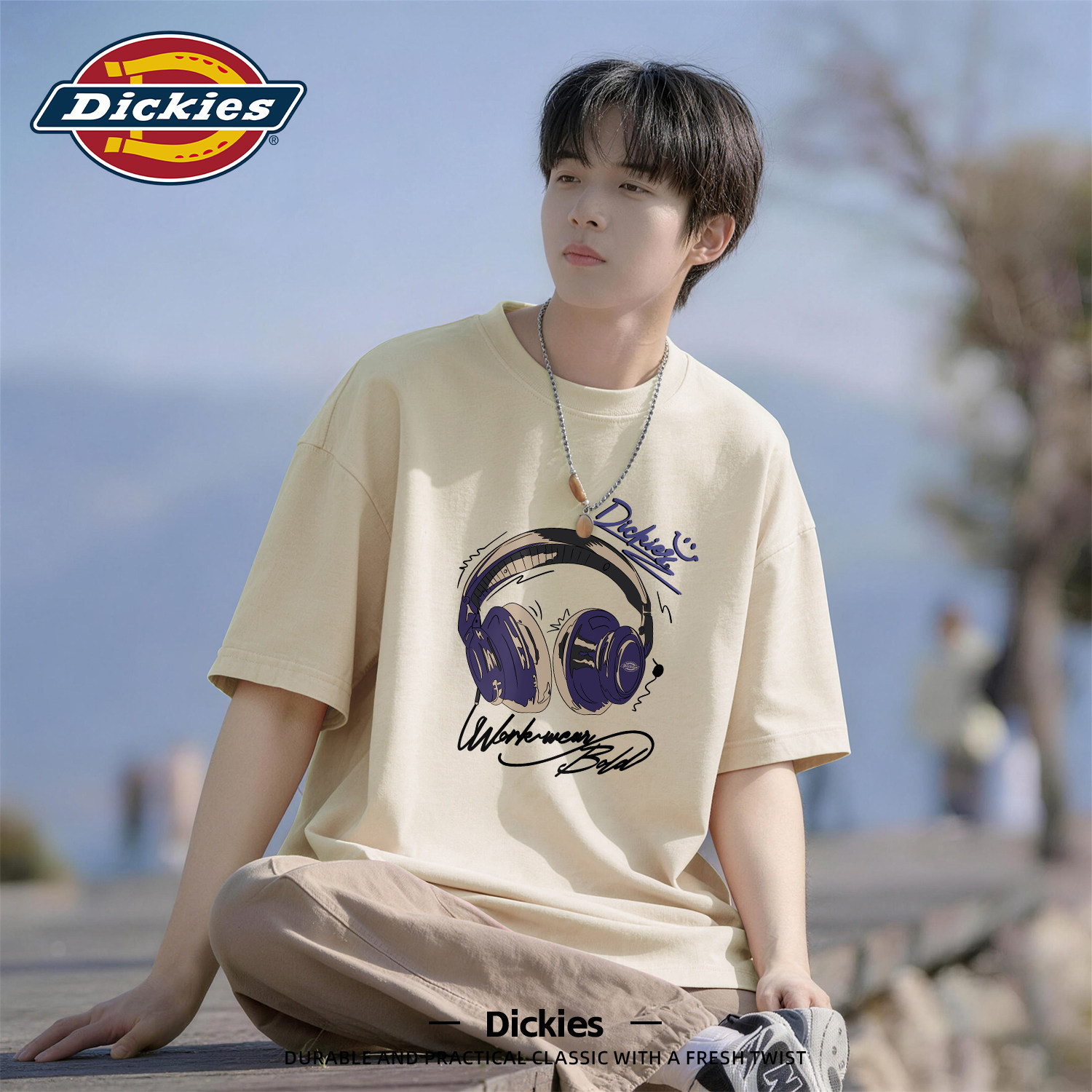Dickies夏季短袖t恤男士米白色重磅纯棉宽松上衣2026新款半袖体恤