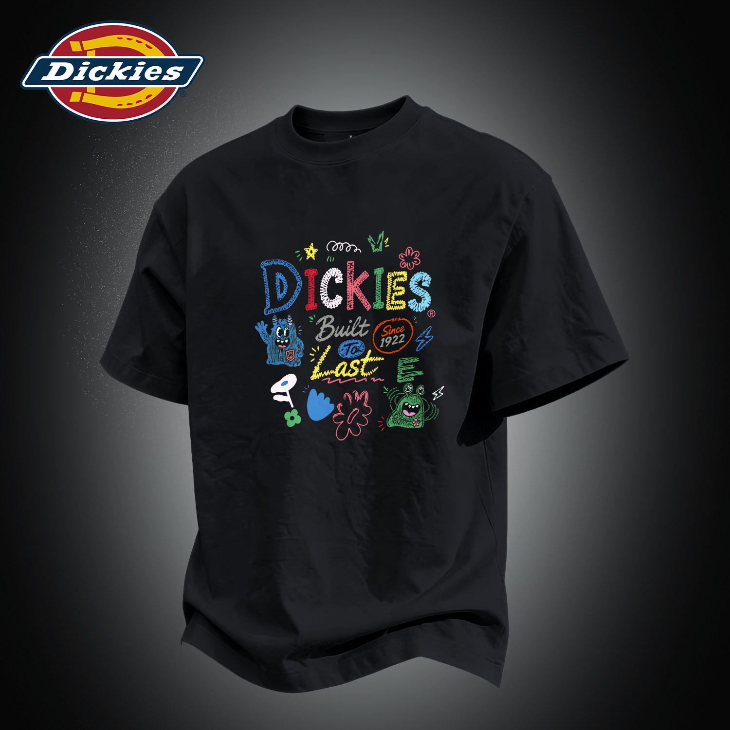 Dickies趣味印花短袖T恤男美式重磅衣服青少年涂鸦街头风黑色上衣