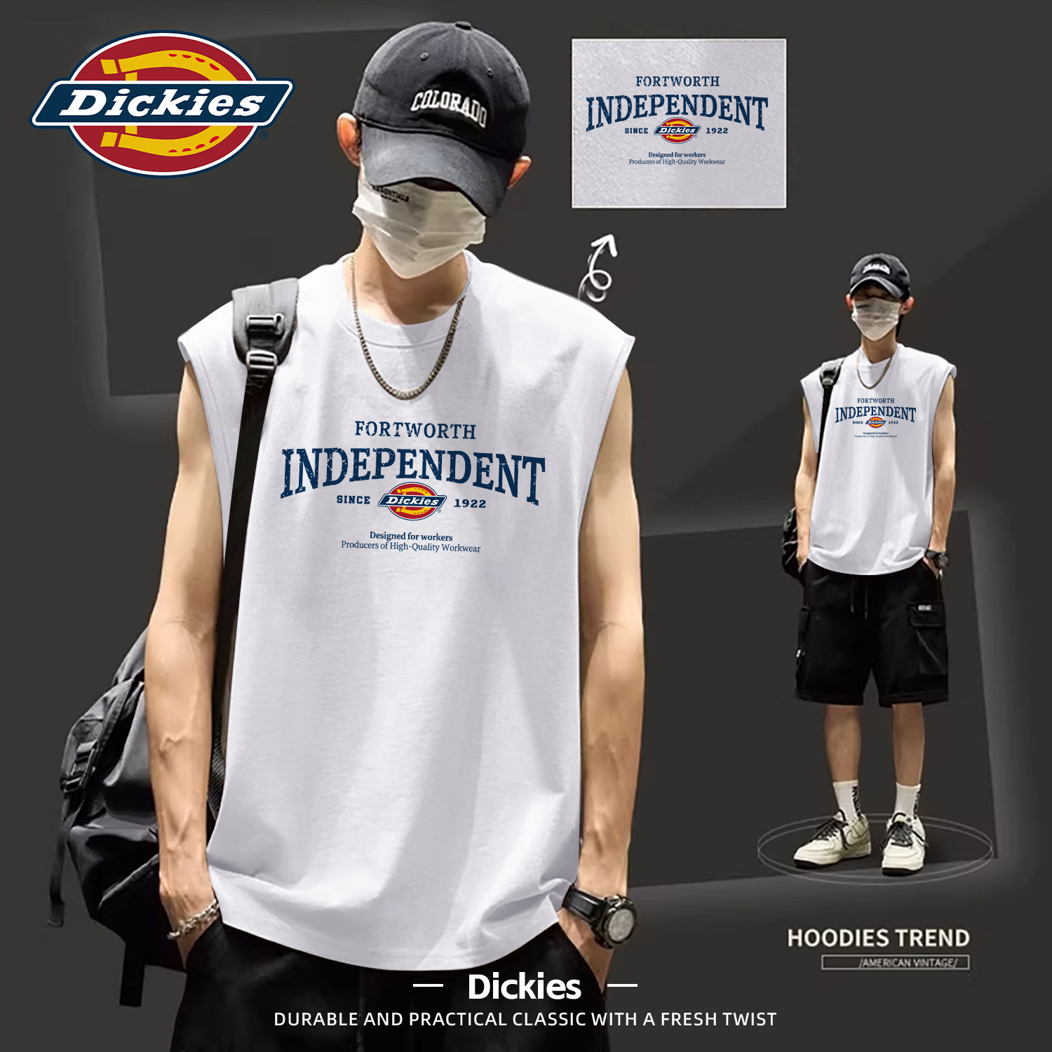 Dickies白色纯棉背心男夏季宽松无袖LOGO印花上衣潮牌百搭男生T恤
