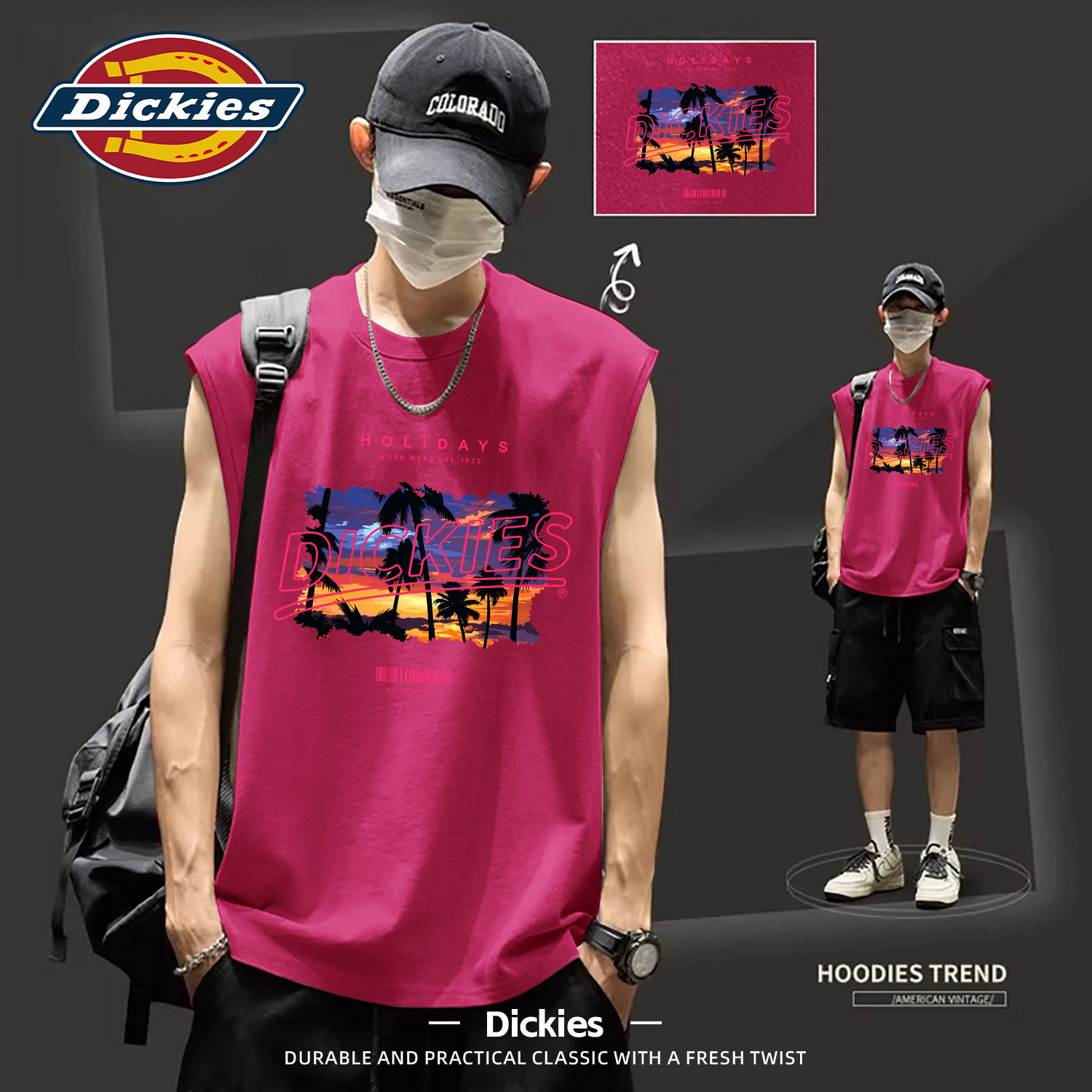 Dickies纯棉背心男夏季宽松印花套头衫运动无袖t恤潮牌骑行汗衫男