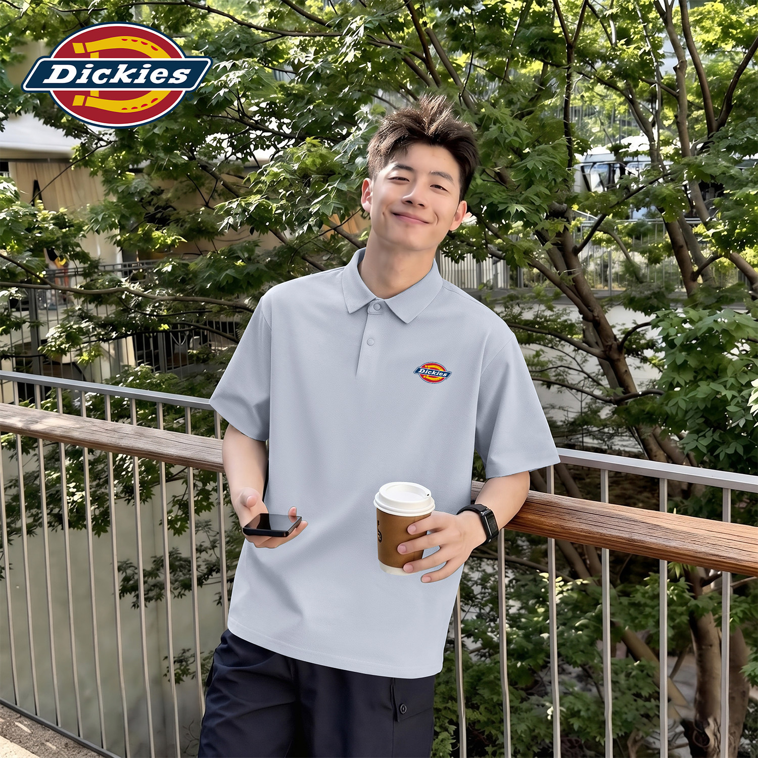 Dickies男士翻领POLO衫夏季宽松透气T恤冰感舒适休闲潮流印花上衣