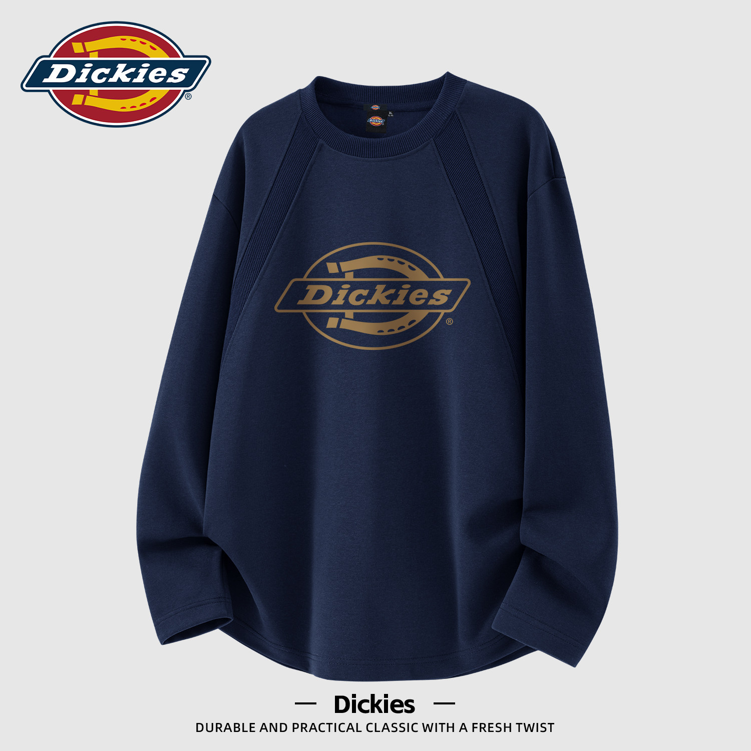 Dickies藏青色插肩重磅印花长袖T恤男款秋季圆领休闲上衣时尚男装