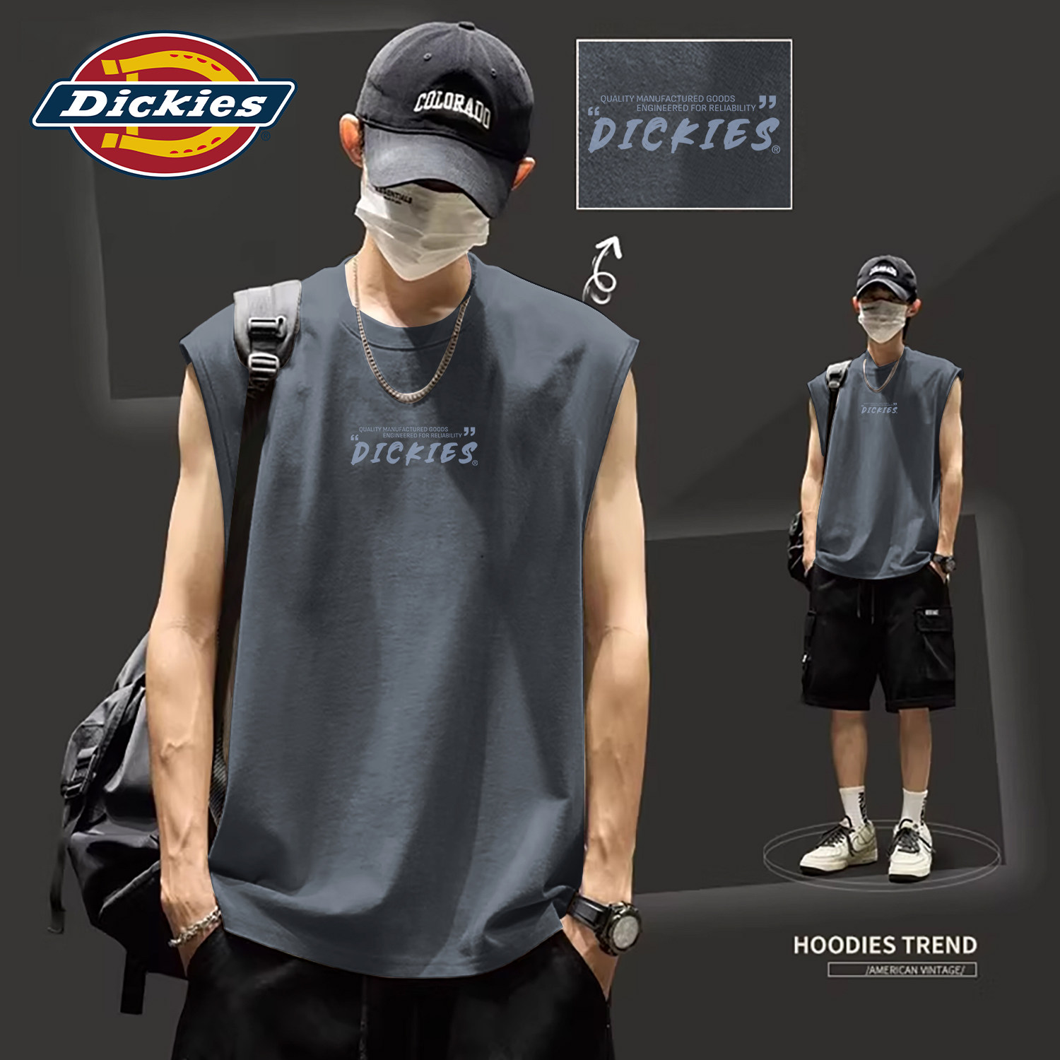 Dickies纯棉背心男2026新款夏季宽松运动无袖骑行坎肩圆领印花T恤