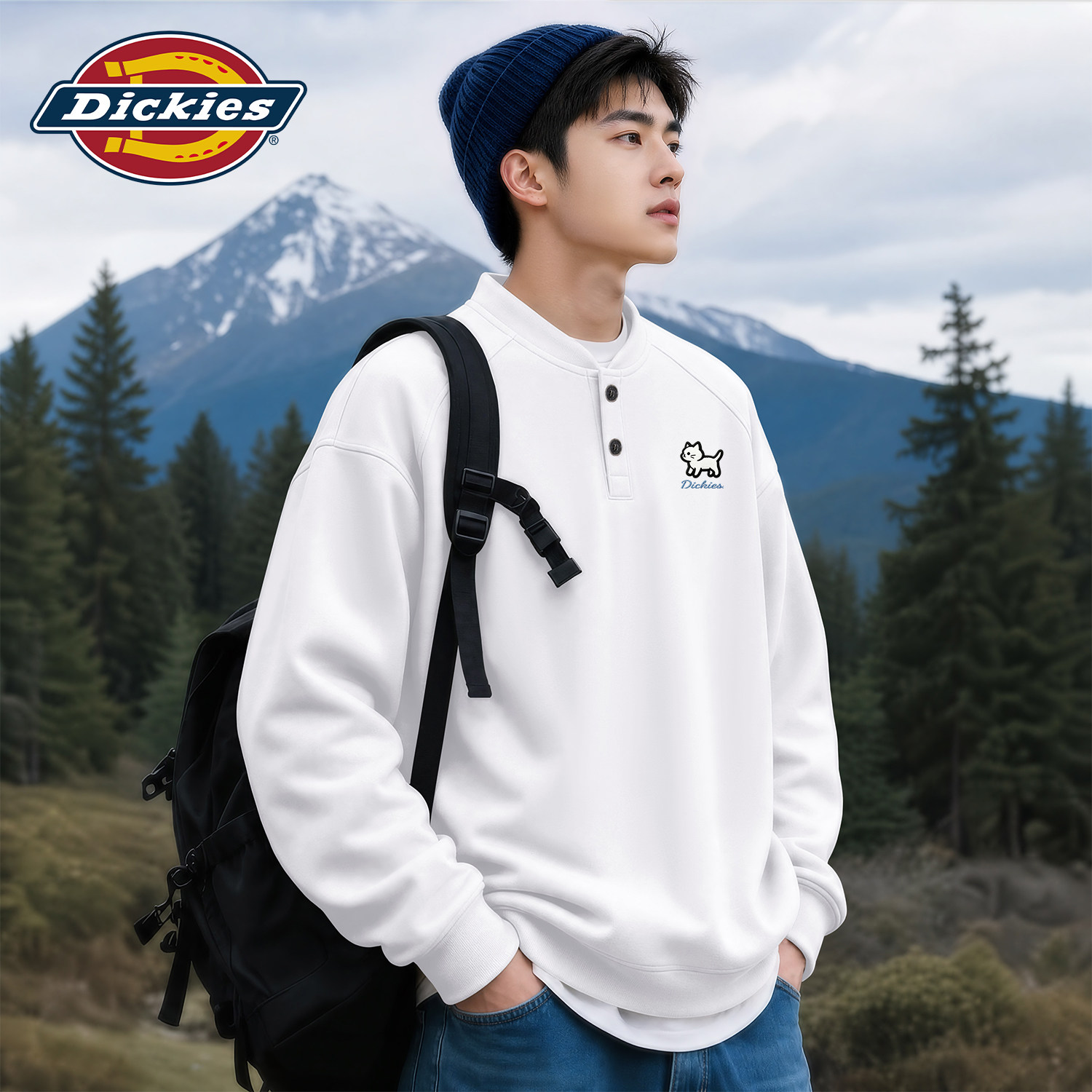 Dickies白色亨利领卫衣男2026秋季新款宽松美式潮牌印花休闲上衣