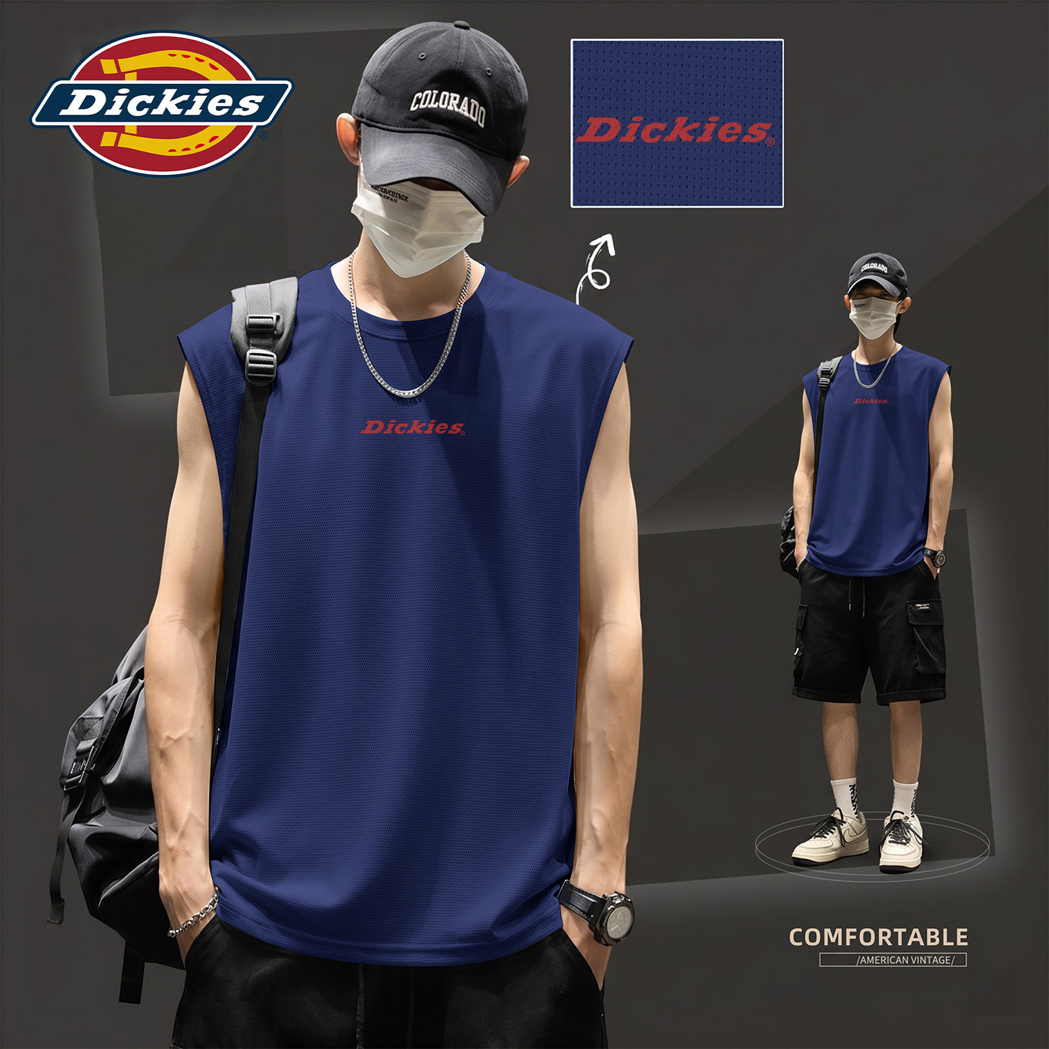Dickies冰丝网眼背心男款轻薄透气运动速干上衣休闲圆领无袖坎肩