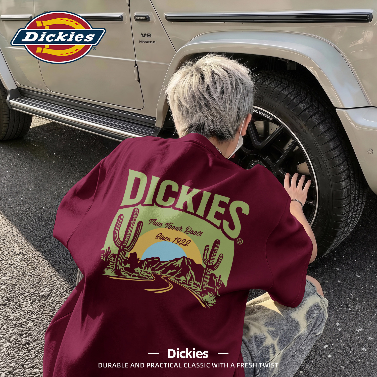 Dickies男士短袖T恤2026新款夏季五分袖酒红色半袖潮流印花衣服男