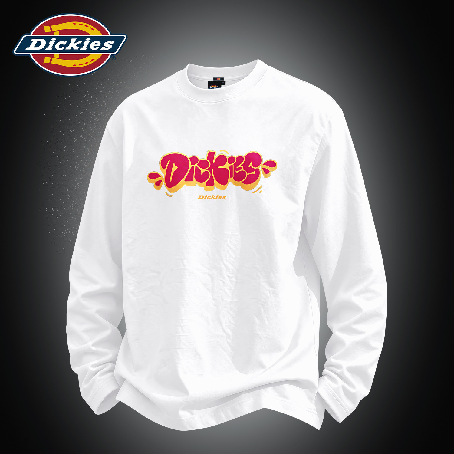 Dickies白色休闲长袖T恤男秋季潮流印花圆领宽松休闲百搭纯棉上衣