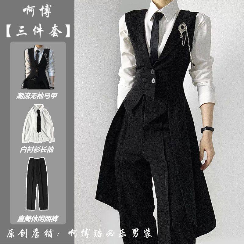 黑色西装男长马甲修身收腰戗驳领燕尾拖尾西服马夹DK制服套装男生