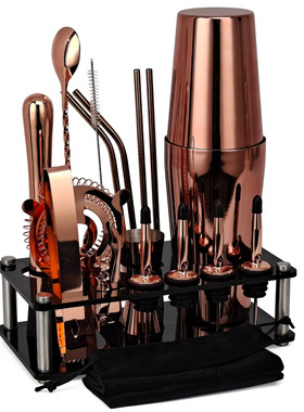 玫瑰金调酒器18件套酒吧鸡尾酒调酒套装不锈钢材质亚克力收纳架