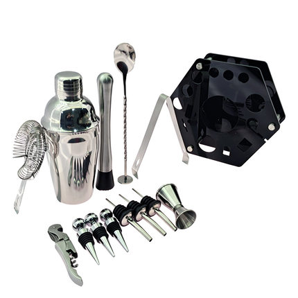 热销新款14件套不锈钢调酒器鸡尾酒套装可架六边形亚克力旋转酒吧