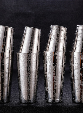 304镜面不锈钢蚀刻欧式花纹波士顿调酒器摇酒壶刻花雪克壶Shaker