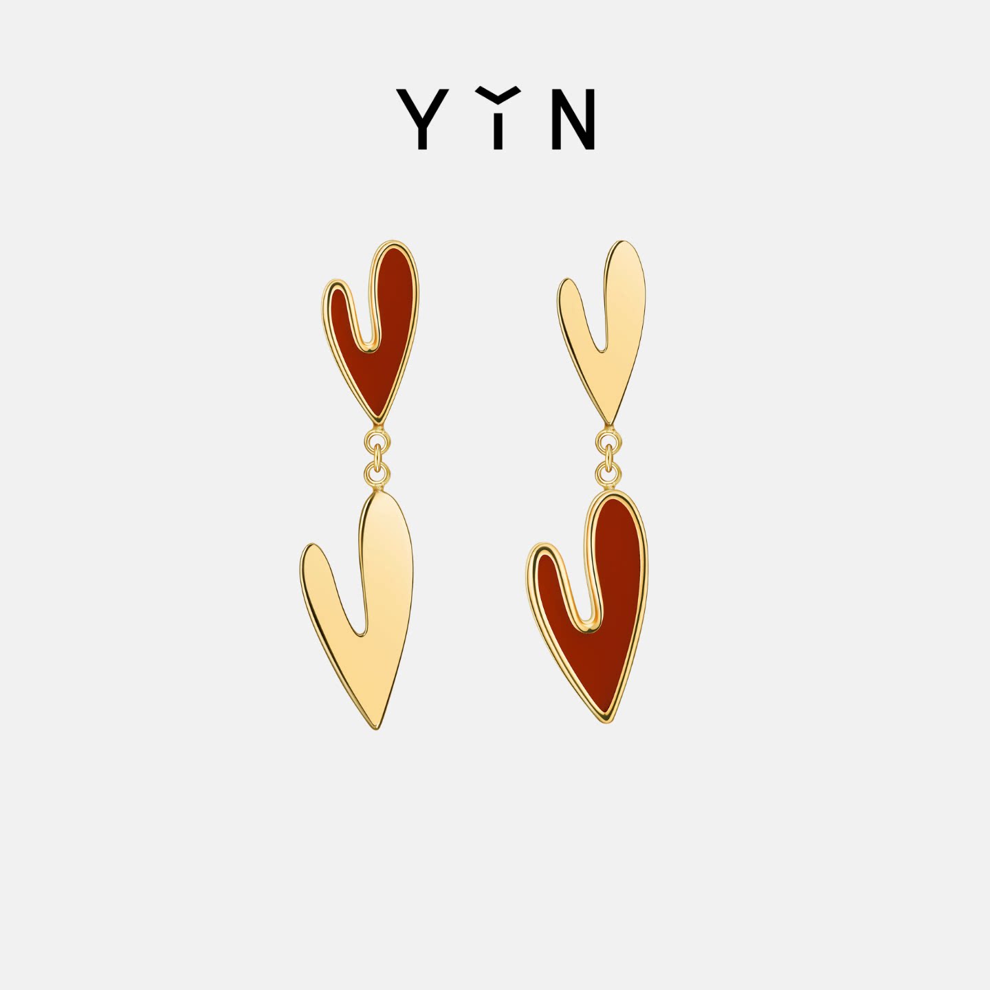 YIN隐「燥热的心」偏心耳钉18K金红玉髓不对称耳饰涂鸦爱心设计