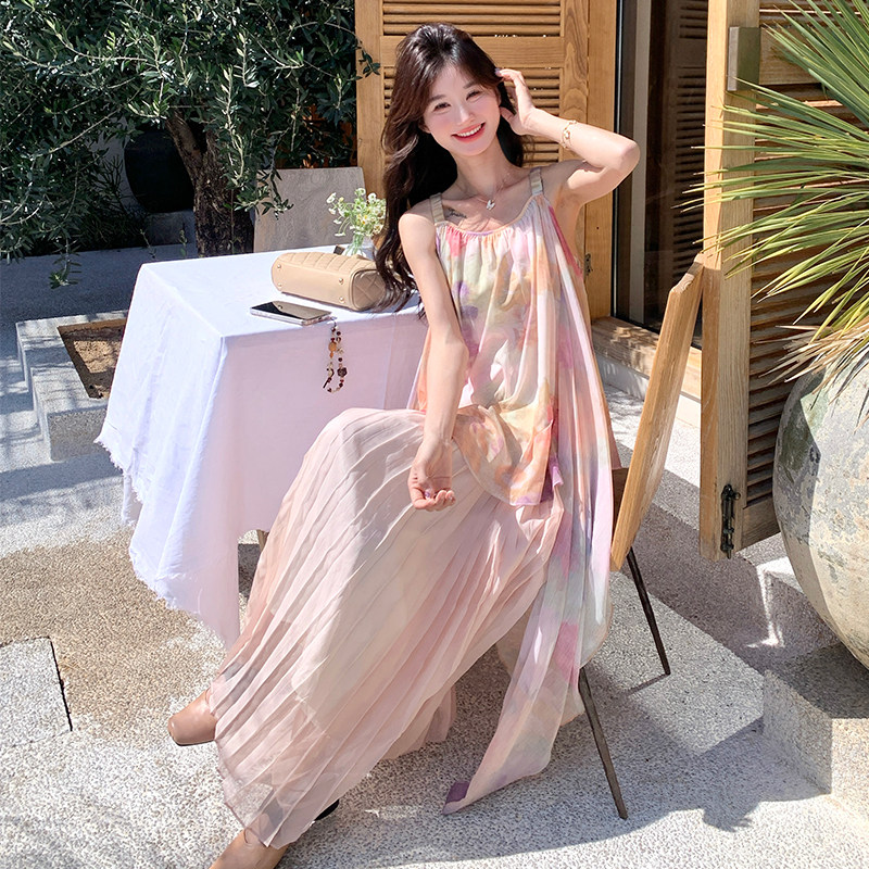 法式度假风粉色碎花吊带连衣裙女2025年夏季新款气质超仙网纱长裙,女装连衣裙,浙宝079