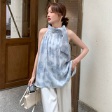 蓝色晕染挂脖背心阔腿裤女2025夏季新款清冷感气质穿搭一整套，女装连衣裙，浙宝079