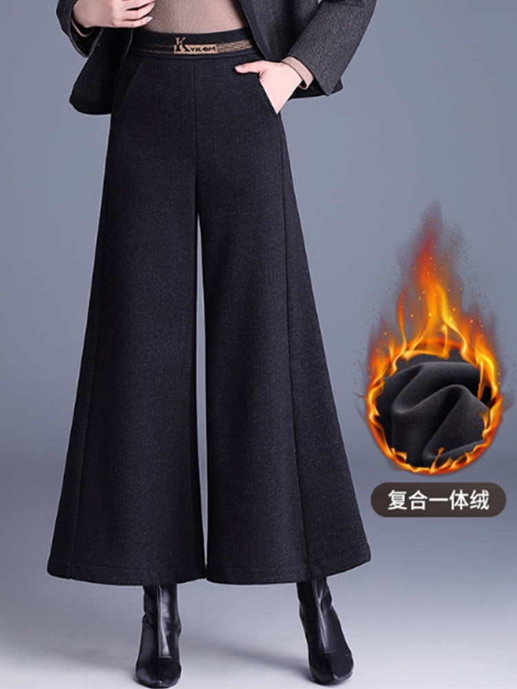 加绒加厚羊毛呢阔腿裤女2025秋冬季新款九分妈妈裙裤子休闲大脚裤