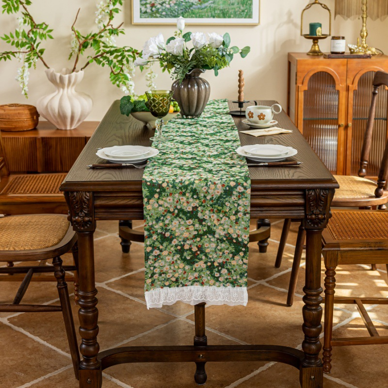 新中式复古桌旗提花花朵茶几盖布桌垫台布绿色田园蕾丝长条茶旗
