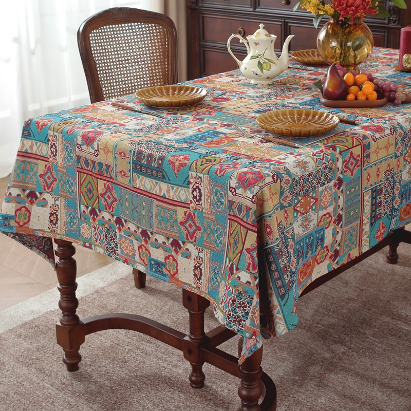 民族风复古餐桌布印花波西米亚风家用台布美式提花花朵茶几布