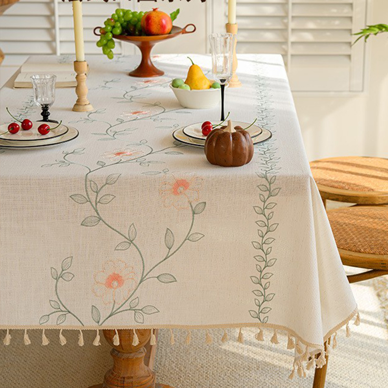 小清新简约绣花客厅桌布长方形餐桌布茶几台布圆桌日系文艺盖巾