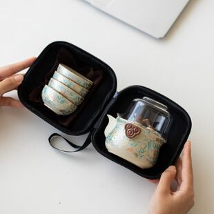 汝窑五彩缠枝莲快客杯陶瓷功夫旅行茶具套装 户外泡茶壶茶杯 便携式