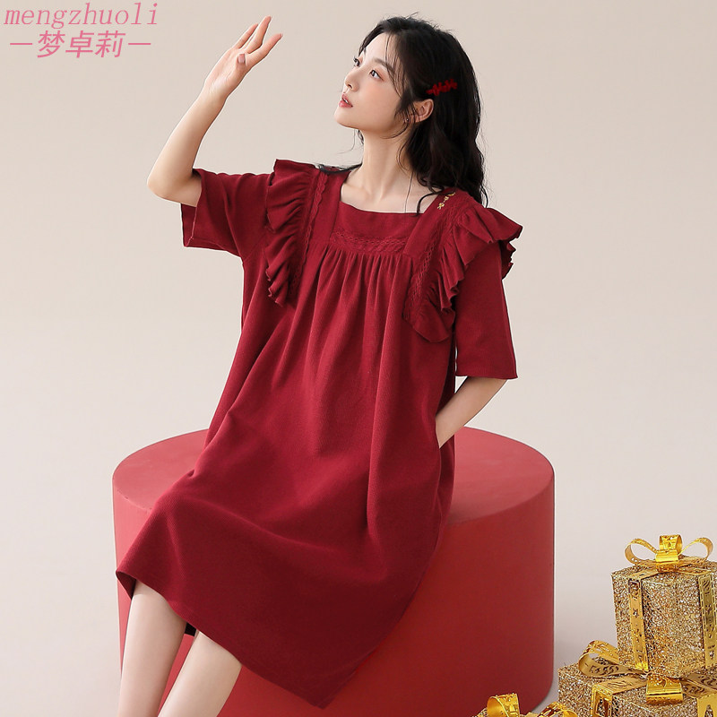 红色睡裙女夏季纯棉短袖法式宫廷风结婚新娘本命年家居服夏款宽松