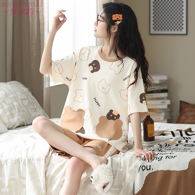 睡衣女夏天短袖短裤纯棉学生韩版宽松可爱全棉少女家居服夏季套装