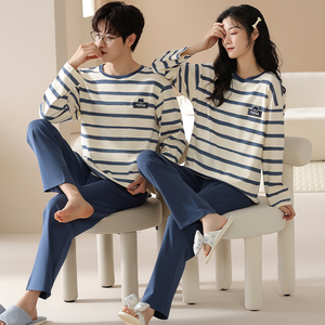 睡衣情侣款春秋季纯棉长袖套装经典条纹圆领男女款家居服大码秋冬