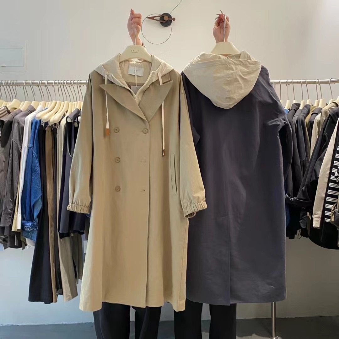 SELF宽松双排扣连帽风衣秋冬新款中长款休闲显瘦假两件外套女5662