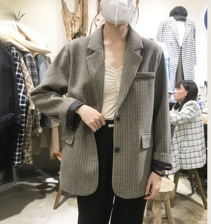 复古时尚格子毛呢外套女秋冬新款韩版宽松休闲气质百搭呢子小西装