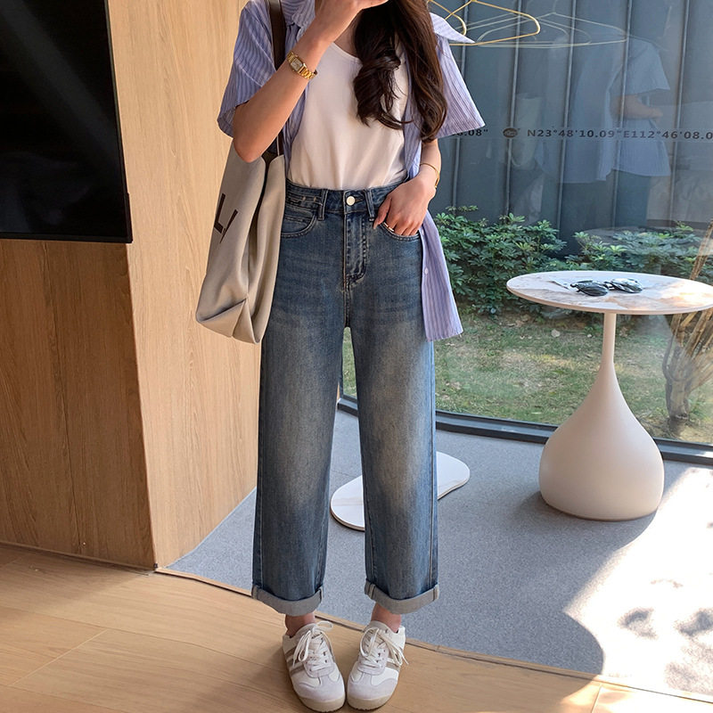 复古阔腿牛仔裤女显瘦宽松2025春秋季新款小个子高腰九分直筒裤子