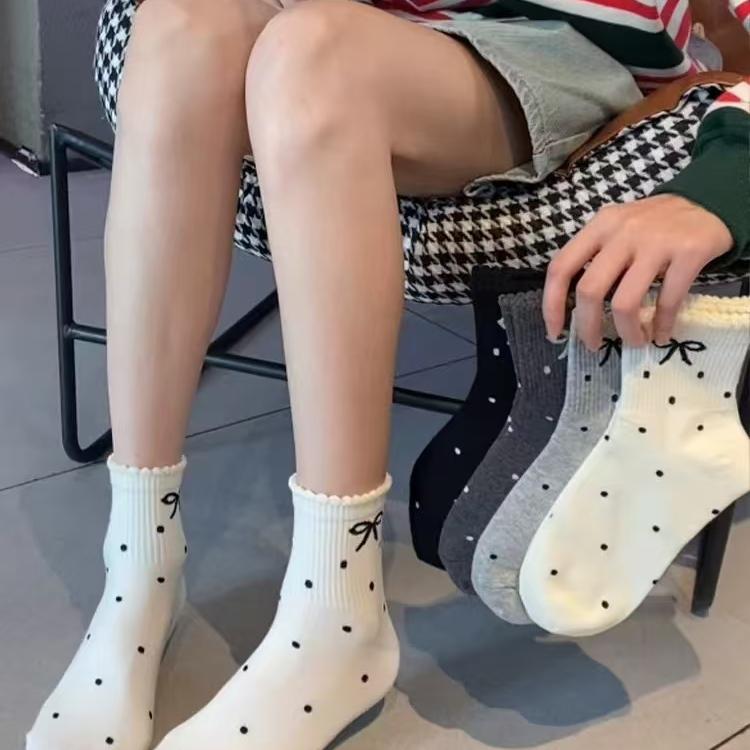 蝴蝶结波点袜子女春秋款灰色甜美可爱配老爹鞋小皮鞋春秋中筒袜