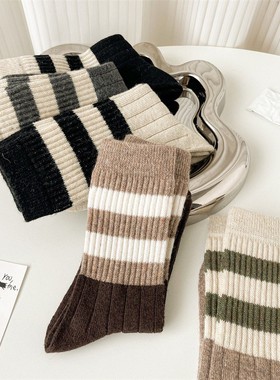 双杠复古袜子女秋冬季节保暖冬季女生日系学院风撞色竖条纹中筒袜