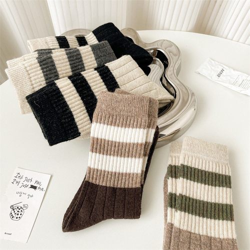 双杠复古袜子女秋冬季节保暖冬季女生日系学院风撞色竖条纹中筒袜