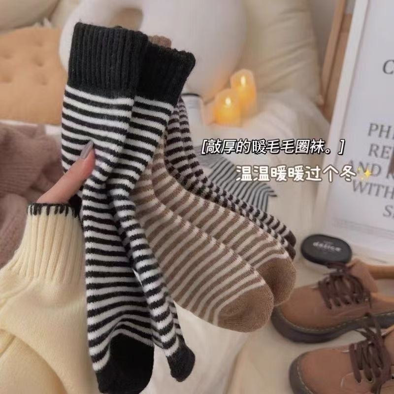 加厚袜子女秋冬季加绒加厚毛圈袜日系条纹保暖长筒袜女秋冬ins潮