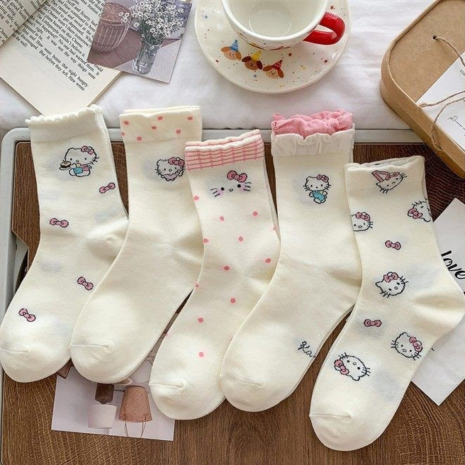 秋冬款猫咪袜子女袜白色长筒袜女ins日系甜美卡通花边百搭长袜