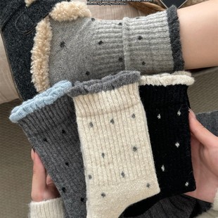 波点2025新款 灰色中筒袜加厚保暖复古花边长筒袜 纯色袜子女秋冬季