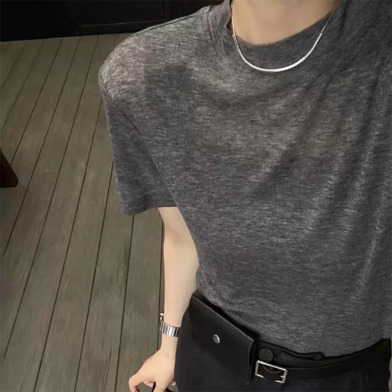时尚简约薄款天丝羊毛面膜短袖T恤女夏季宽松显瘦圆领针织半袖衫